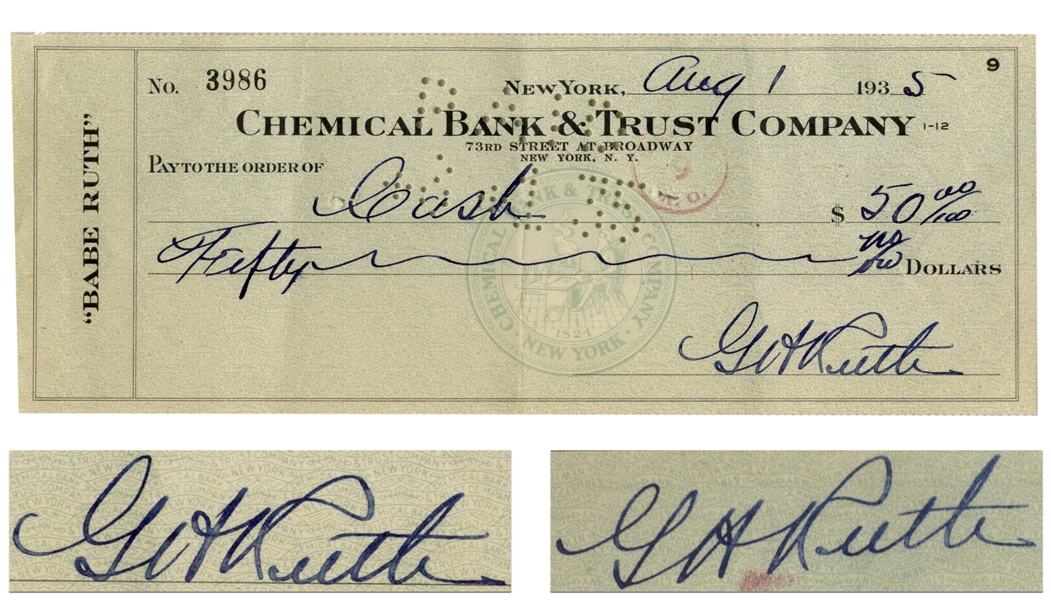 Babe Ruth Twice-Signed Check From 1935 -- Slabbed & Graded Mint 9 by PSA/DNA